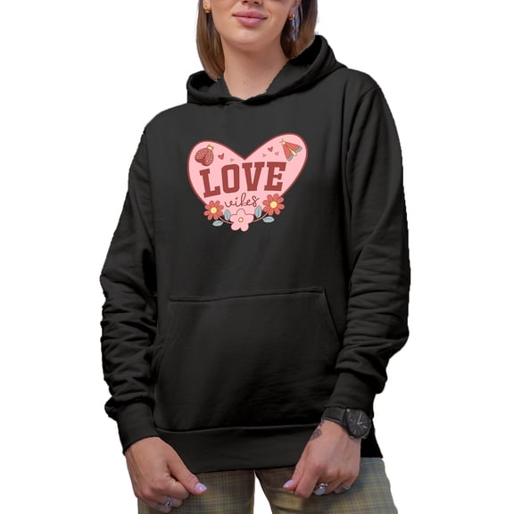 Love Vibes with Flowers & Lady Bug, Retro Valentine's Day or Valentine Gift, Black Hooded Sweatshirt or Hoodie, 2XL