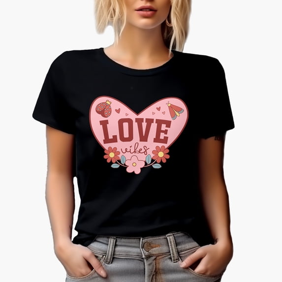 Love Vibes with Flowers & Lady Bug, Retro Valentine's Day or Valentine Gift, Black T-Shirt, Small