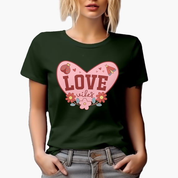 Love Vibes with Flowers & Lady Bug, Retro Valentine's Day or Valentine Gift, Military Green T-Shirt, 2XL