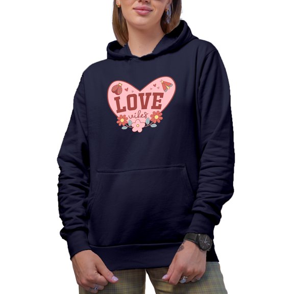 Love Vibes with Flowers & Lady Bug, Retro Valentine's Day or Valentine Gift, Navy Blue Hooded Sweatshirt or Hoodie, 2XL