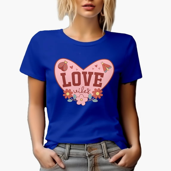 Love Vibes with Flowers & Lady Bug, Retro Valentine's Day or Valentine Gift, Royal Blue T-Shirt, XL