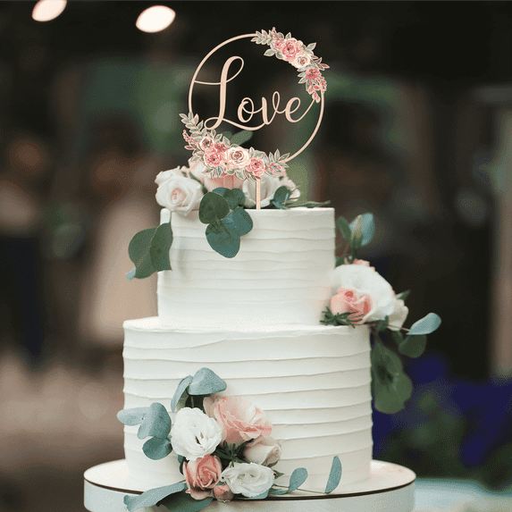 Love Wedding Cake Topper Wodd Floral Wedding Engagement Cake Decoration