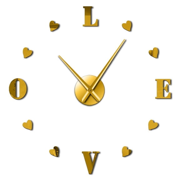 Love Wedding Decor 3D DIY Wall Clock Housewarming Gift Classic Loving Heart Acrylic Self Adhesive Clock Watch Mirrors Surface(Gold,27inch)