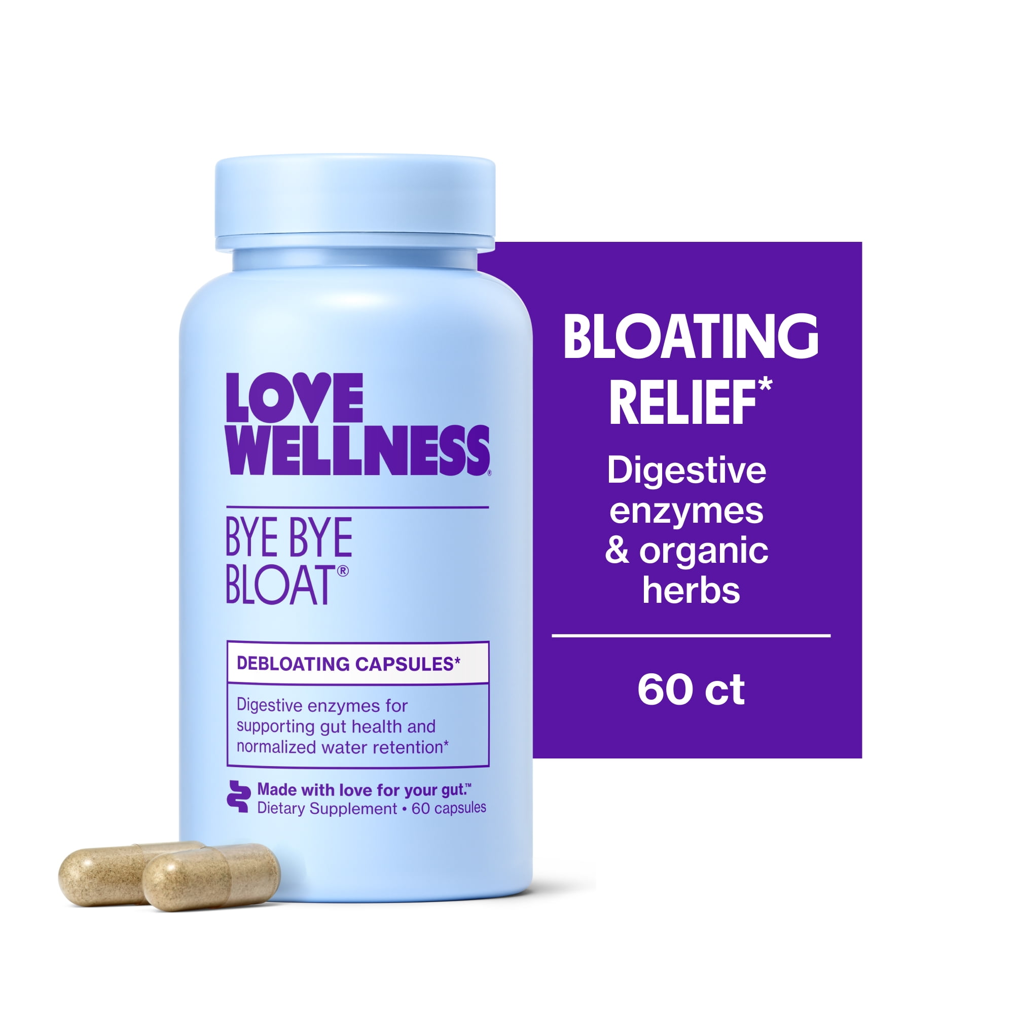 Love Wellness Bye Bye Bloat, Bloating Relief for Women, Debloating Capsules, 60 Count