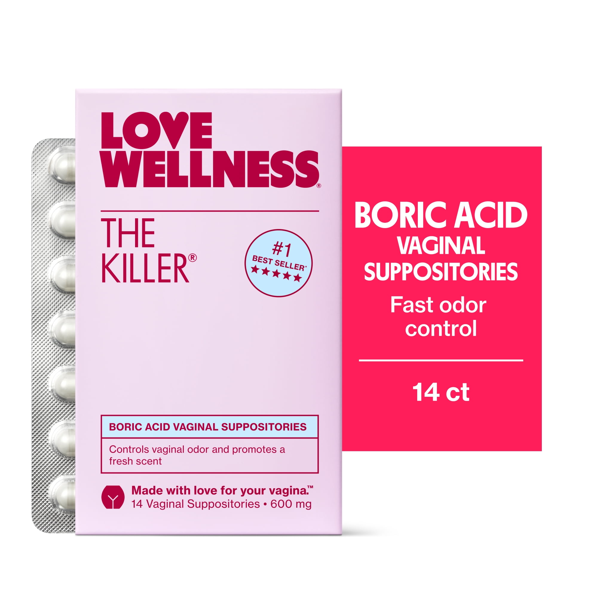 Love Wellness The Killer Boric Acid Vaginal Suppositories, 14ct