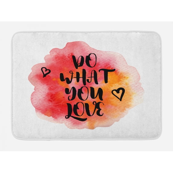 Love What You Do Bath Mat, Aquarelle Color Drop Background in Warm Toned Hearts, Plush Bathroom Decor Mat with Non Slip Backing, 29.5" X 17.5", Vermilion Pale Orange, by Ambesonne