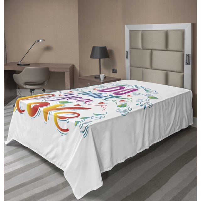 Love What You Do Flat Sheet, Colorful Arrangement with Leaves and Heart Shapes Motivational Message, Soft Comfortable Top Sheet Decorative Bedding 1 Piece, 6 Sizes, Multicolor, by Ambesonne