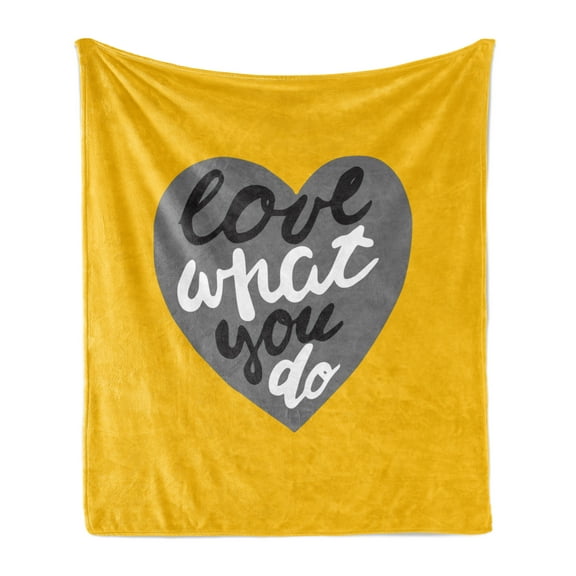 Love What You Do Soft Flannel Fleece Throw Blanket, Hand Drawn Greyscale Heart on Yellow Background Modern, Cozy Plush for Indoor and Outdoor Use, 50" x 60", Mustard Grey, by Ambesonne