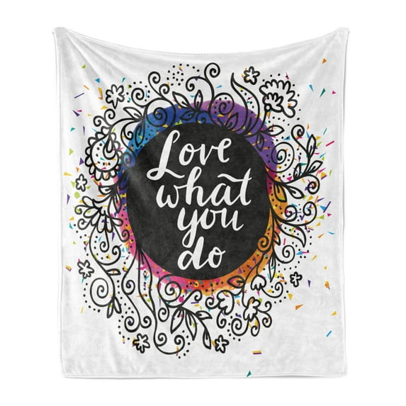 Love What You Do Soft Flannel Fleece Throw Blanket, Inspirational Flowers Dots Colorful Shapes Background Theme, Cozy Plush for Indoor and Outdoor Use, 50" x 70", Multicolor, by Ambesonne