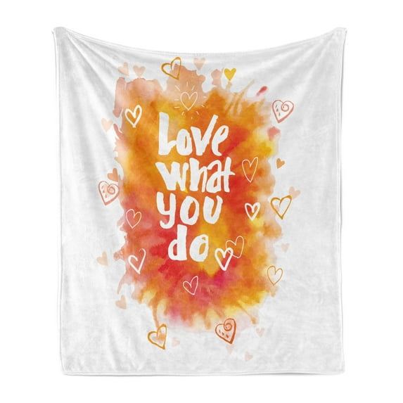 Love What You Do Soft Flannel Fleece Throw Blanket, Warm Color Splash Background with Hand Drawn Hearts, Cozy Plush for Indoor and Outdoor Use, 50" x 60", Orange Yellow, by Ambesonne