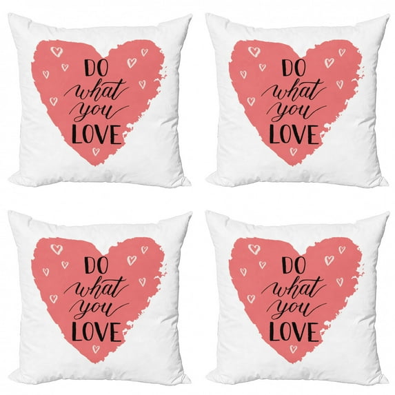 Love What You Do Throw Pillow Cushion Case Pack of 4, Hand Drawn Heart Shapes Love with Inspirational Words, Modern Accent Double-Sided Print, 4 Sizes, Coral Charcoal Grey, by Ambesonne