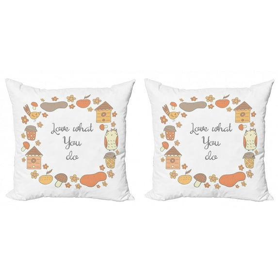 Love What You Do Throw Pillow Cushion Cover Pack of 2, Doodle Cartoon Elements with House Owl Mushroom, Zippered Double-Side Digital Print, 4 Sizes, Burnt Sienna White, by Ambesonne