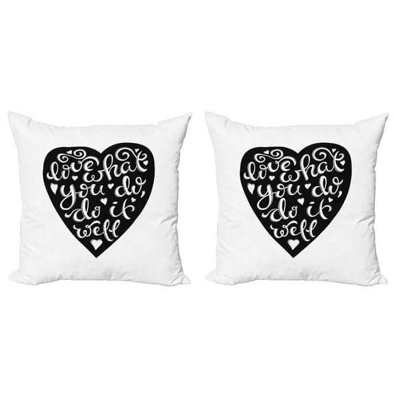 Love What You Do Throw Pillow Cushion Cover Pack of 2, Hand Drawn Lettering with Monochromatic Heart Love Work Theme, Zippered Double-Side Digital Print, 4 Sizes, Charcoal Grey and White, by Ambesonne