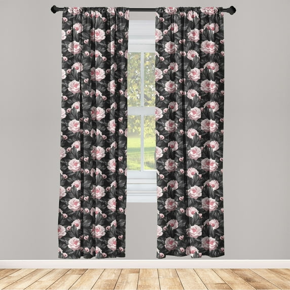 Love Window Curtains, Garden of Roses Symbol for Lovers Affection Realistic Design of Art, Lightweight Decor 2-Panel Set with Rod Pocket, Pair of - 28"x95", Pale Rose and Charcoal Grey, by Ambesonne
