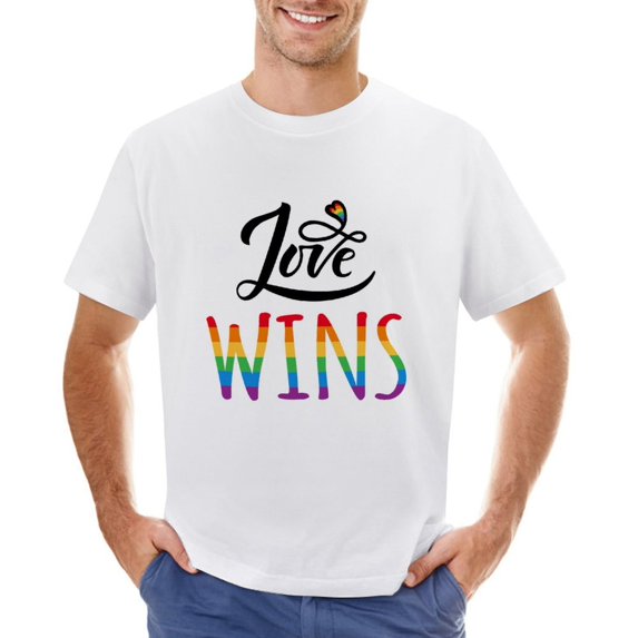 Love Wins Rainbow Gay Parade LGBT Rights Vintage T-shirt Mens Cotton Classic Crewneck Short Sleeve Tees Unisex White 5XL