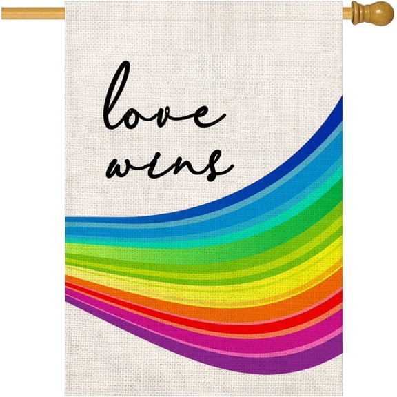 Love Wins Rainbow Pride House Flag 28x40 Inch Vertical Double Sided LGBT Pride Farmhouse Big Banner Flags Pride Gay Pride Lesbian Transgender Pansexual Flag for Yard Outdoor Decoration