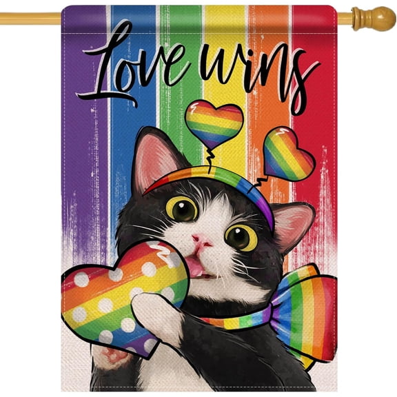 Love Wins Rainbow Tuxedo Cat Large Decorative House Flag, LGBTQ Gay Lesbian Pet Yard Garden Outside Pride Month Decor, LGBT Bisexual Pansexual Outdoor Home Decoration Double Sided 28 x 40