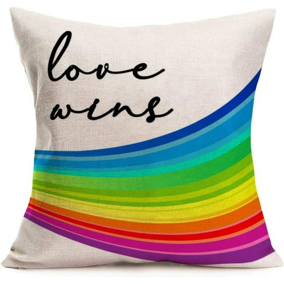 Love Wins Throw Pillow Covers Cotton Linen Rainbow Gay Pride Symbol LGBT Pillow Cases Cushion Cover Square Black Saying Personalized Home Decor Watercolor Pillowslip 18x18 Inch