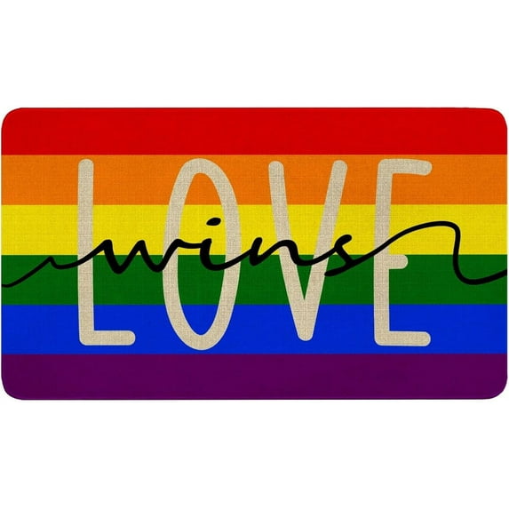 Love Wins Welcome Door Mat Rainbow Pride Rugs Low-Profile Non-Slip Doormats Indoor Outdoor Floor Decor Throw Rugs Burlap 17 X 30 Inch