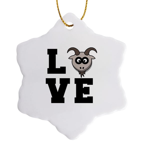 3drose, Love with Clipart of a Goat Head as the O. Black Lettering on White., 3 inch Snowflake Porcelain Ornament