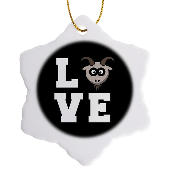 3drose, Love with Clipart of a Goat Head as the O. White Lettering on Black., 3 inch Snowflake Porcelain Ornament
