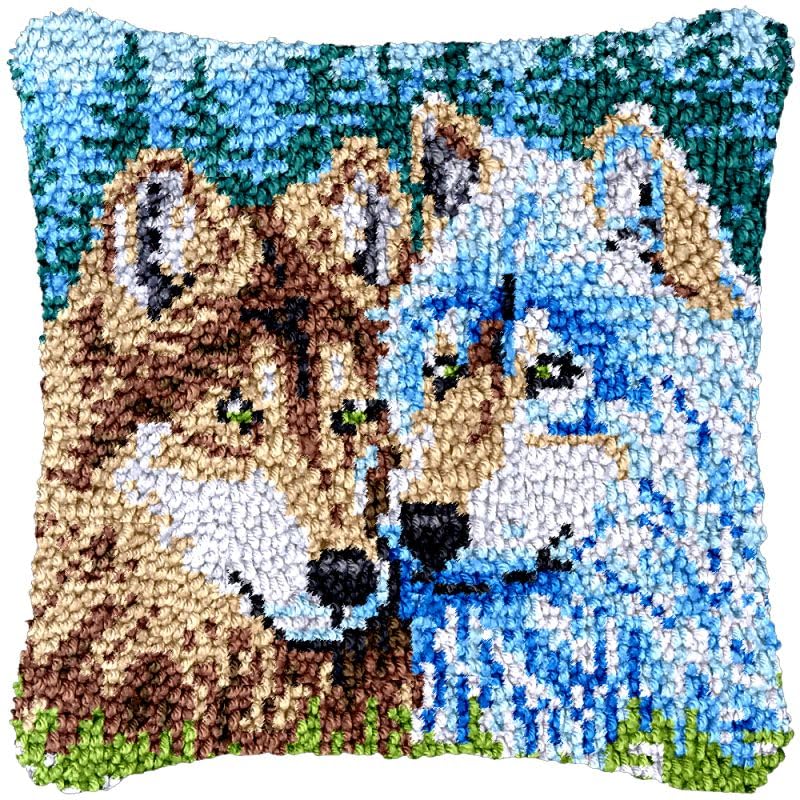 Love Wolf Latch Hook Pillow Cover Kits for DIY Cushion Cross Stitch Crochet Hooking Latch Hook Pillowcase Rug Kits with Preprinted Canvas Crochet Yarn Kits Needlework Crafts 17'' X 17''