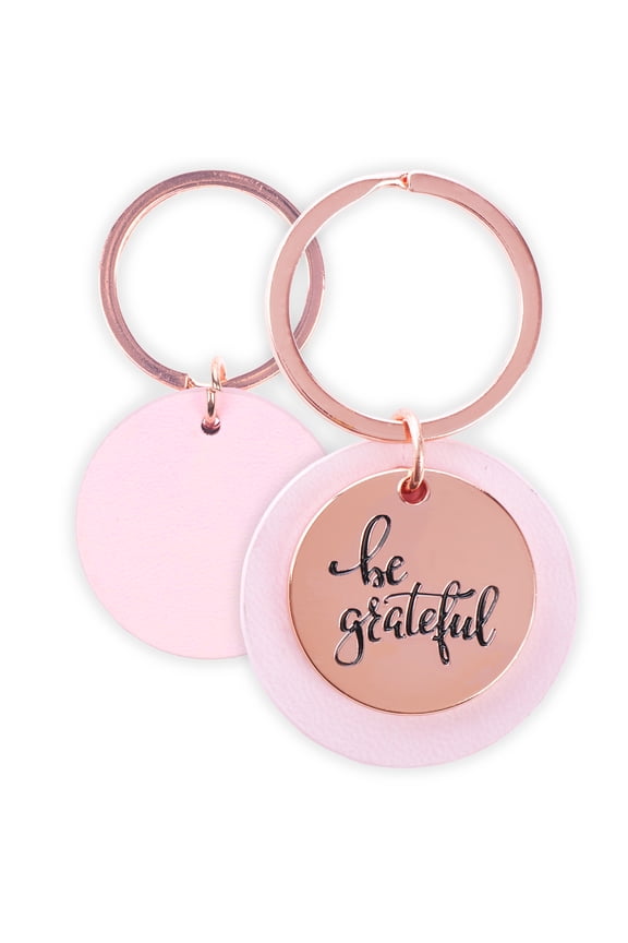 With Love Women's Keychain, Be Grateful Rose Gold Heart Medallion Pink Faux Leather Engraved Design Inspirational Quote Key Ring Ladies Accessory for Her Birthday, Luggage ID, Backpack/Bag Charm
