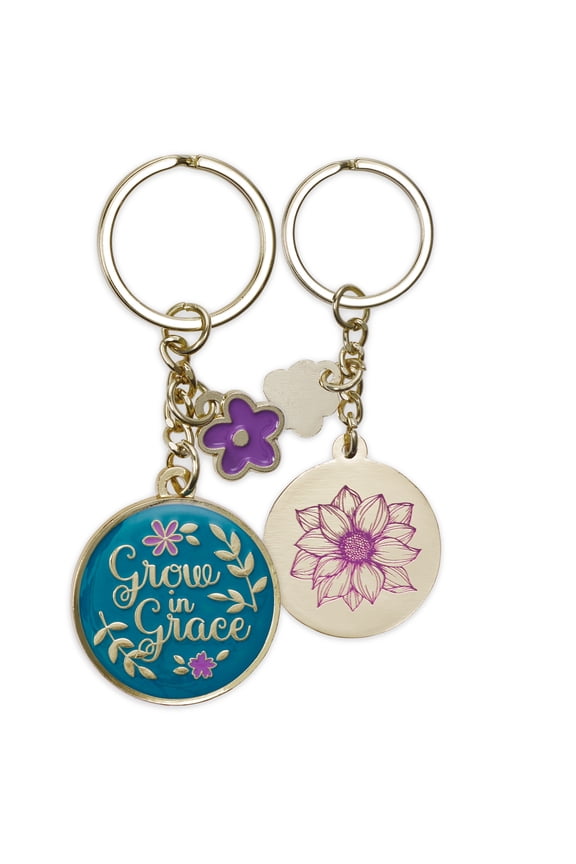 With Love Women's Keychain, Grow in Grace Teal w/Purple Flowers Charm Medallion Metal Design Inspirational Quote Key Ring Ladies Accessory for Her Luggage ID, Backpack/Bag Charm