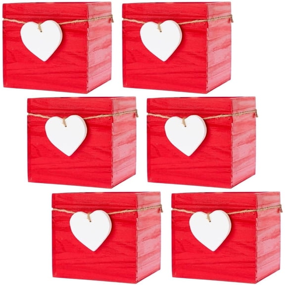 Love Wood Planter Box l 4 Inches Square l Wooden Boxes with Plastic Liner l Wedding Flowers Holder (Set of 6) (4", Red)