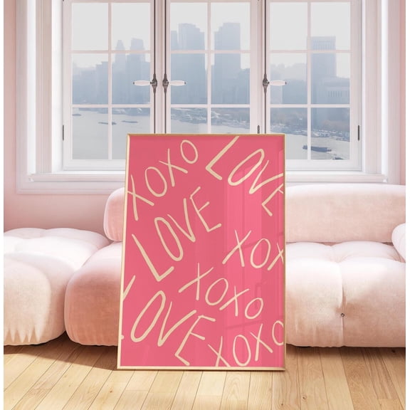 Love XOXO Wall Art, Pink Valentines Hearts Poster, Modern Minimalist Love Art Print, Unframed Paper Poster 8x10in