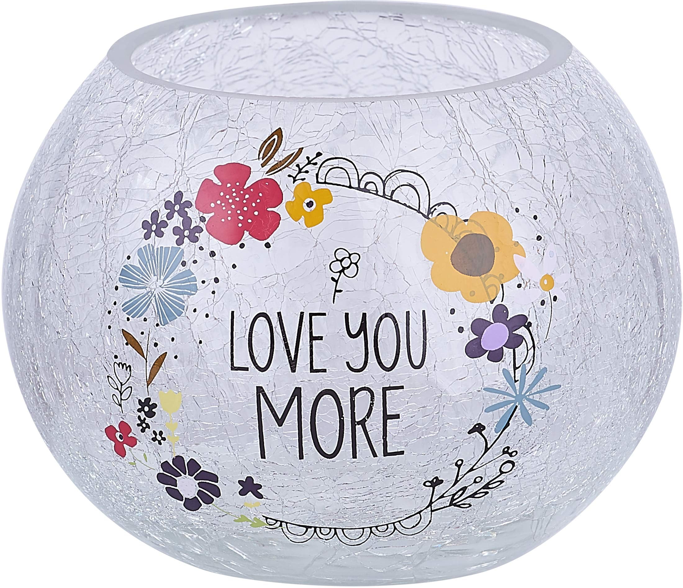 Love You More Floral Crackled Glass Tealight Holder