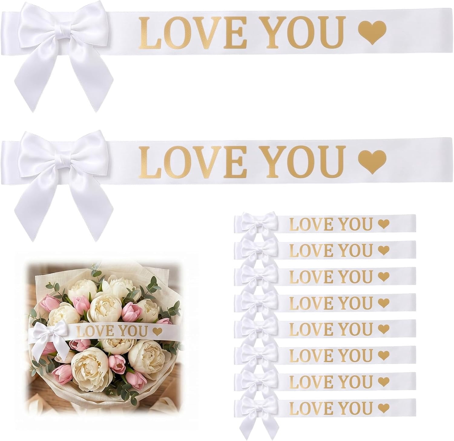 Grogram Ribbon Love You Bouquet Banner Grosgrain Ribbon Tie Wrap, Heart Printed, White ...