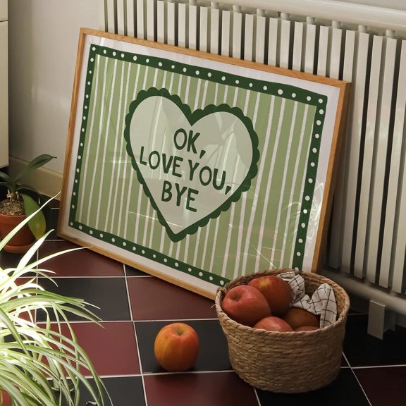 Love You Bye Print, Green Stripe Quote Art, Eclectic Wall Decor Unframed Paper Print