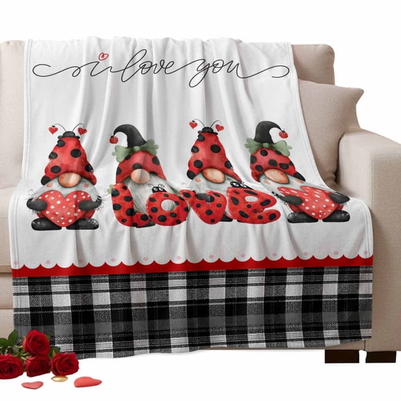Love You Fleece Throw Blanket Lightweight Valentine's Day Cute Love Heart Gnome Red Pink Lace Border Black Plaid Fuzzy Flannel Throws Super Soft Cozy Flannel Blanket for Couch, Sofa, Bed 50"x60"