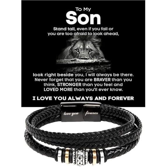 Love You Forever Bracelet for Son, To My Son Bracelet Gift, Leather Bracelet Gift For Son, Wrist Band for Boys, Graduation Gift for Son from Father and Mother With Message Card and Gift Box