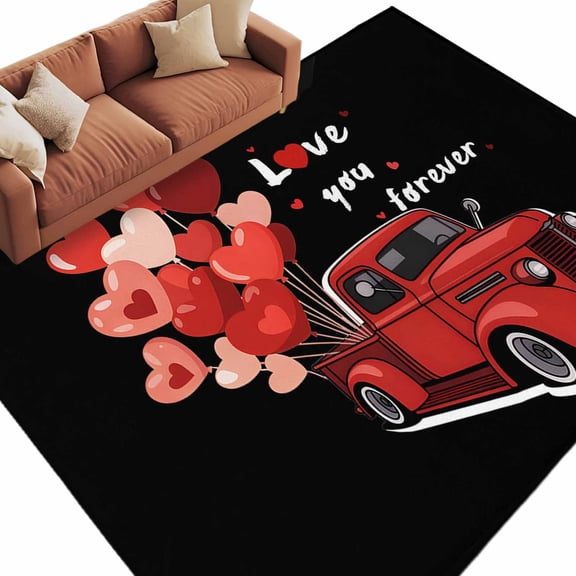 Love You Forever Washable Area Rug 6 x 9 ft Red Truck Love Heart Balloon Black, Soft Non Slip Rugs Stain Repellent Indoor Felt Carpet for Living Dining Room Bedroom Home Office