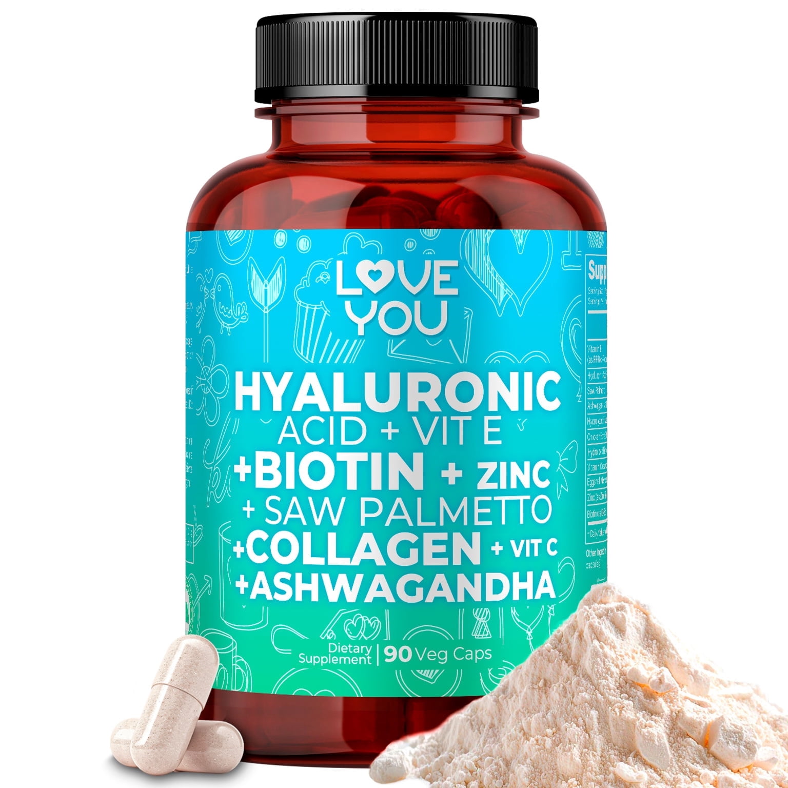 Love You Hyaluronic Acid + Collagen Type I, II, III, V & X + Vitamin C & E + Saw Palmetto + Zinc + Biotin + Ashwagandha |140 Caps | 30 Servings