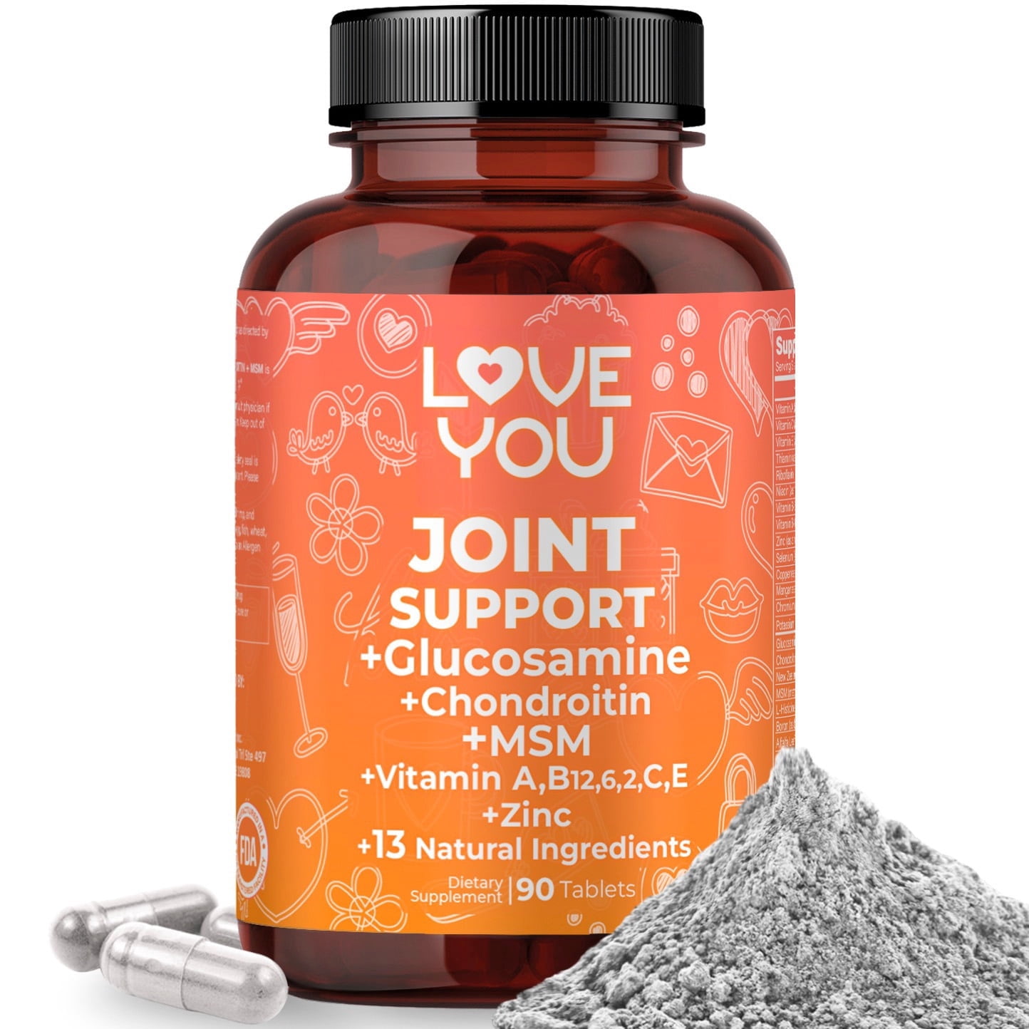 Love You Joint Support + Glucosamine + Chondroitin + Msm | Joint Support | Enhanced Cartilage | Stronger Bones | Relief for Bones | Back | Knees | Hands | 60 Tablets | 60 Serving