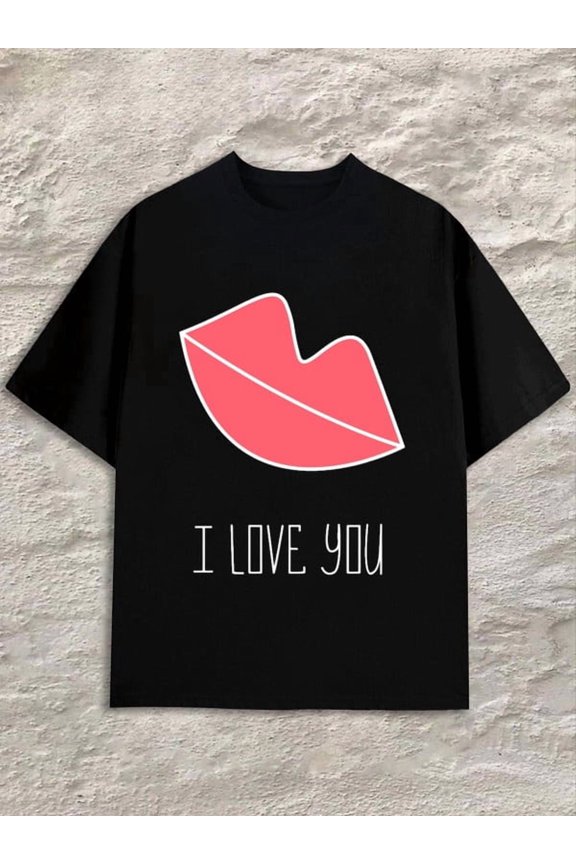 Greenink Love You Lips Tee men's black Lightweight, perfect for casual wear, ideal for outdoor activities Fashion Unisex Shirt Printed tshirts Funny Unisex Shirt Printed tshirts