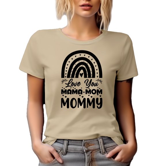 Love You Mama, Mom, Mommy feat. a Boho Rainbow, Mother's Day or Birthday, Tan T-Shirt, XL