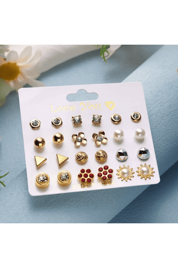 Love You Mixed Shapes Assorted, Cubic Zirconia, Pearl Stud Earrings, Stainless Steel, 12 Pairs