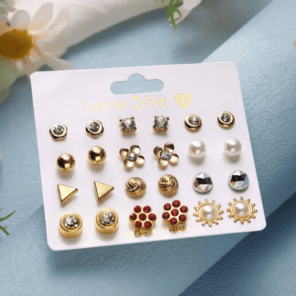 Love You Mixed Shapes Assorted, Cubic Zirconia, Pearl Stud Earrings, Stainless Steel, 12 Pairs