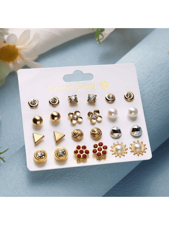Love You Mixed Shapes Assorted, Cubic Zirconia, Pearl Stud Earrings, Stainless Steel, 12 Pairs