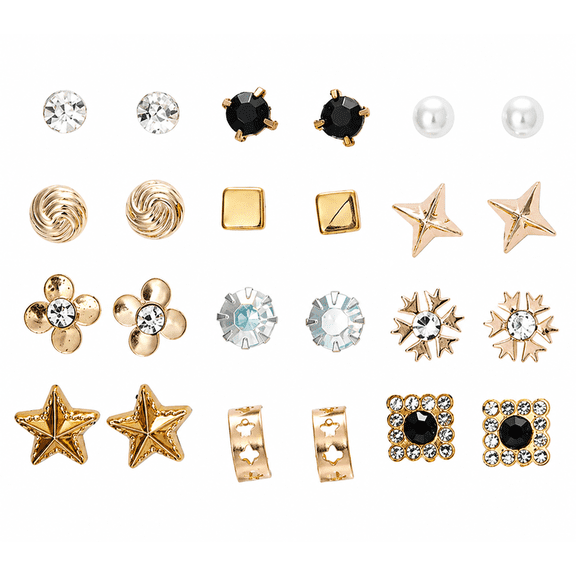 Love You Mixed Shapes Assorted, Cubic Zirconia Stud Earrings, Stainless Steel, 12 Pairs, 0.75 inches