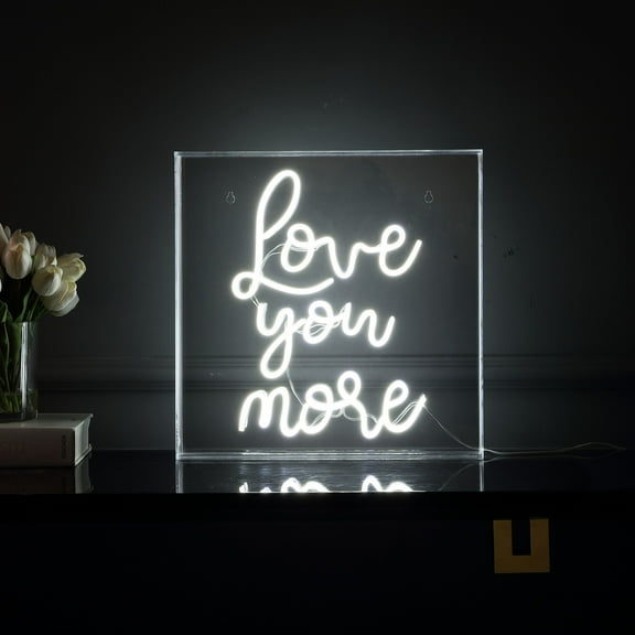 Love You More 15" Square Contemporary Glam Acrylic Box USB Operated LED Neon Light, White