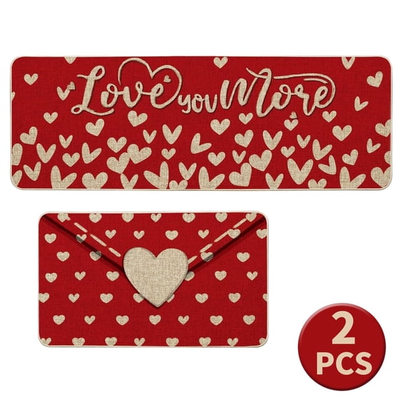 Love You More Heart Kitchen Mats - Low-Profile Non-Slip Floor Rugs in 16x24 and 16x47 Inch Sizes,2 Pcs