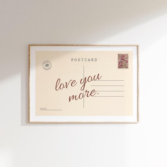 Love You More Vintage Postcard Art Retro Typography Wall Decor, Unframed Paper Poster 8x10in