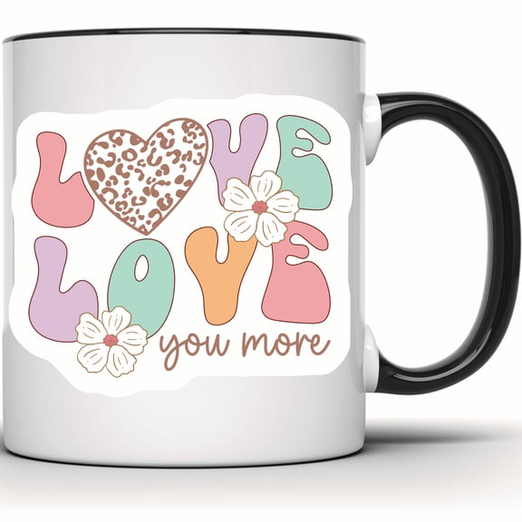 Love You More Mug - Leopard Heart Floral Retro Pastel Coffee Tea Mug - Cute & Funny Gift for Her or Him - 11 Ounce Black Rim Handle Novelty Coffee Cup - WMUG0638-Black Rim