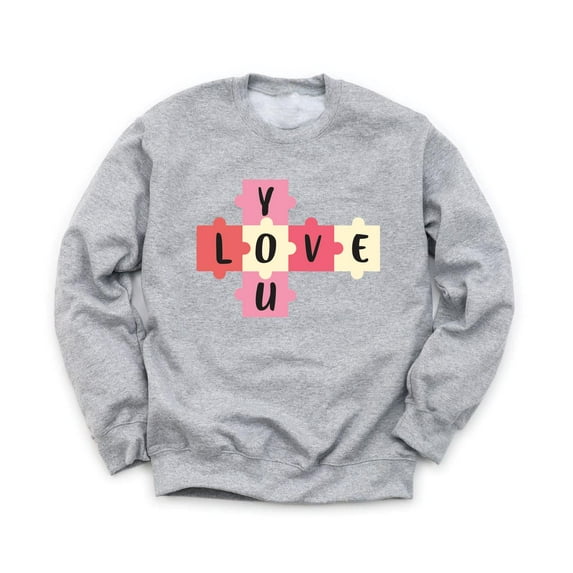 Love You Puzzle Pieces Valentine's Day Unisex Gray Sweatshirt Love Holiday Sweater