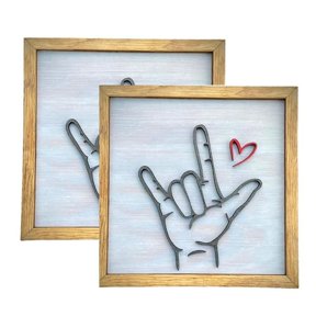 Love You Sign Language Wall Art, Home Wall Decoration Painting Wooden Photo Frame Hand Symbol for Love Sign Wall